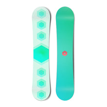 Load image into Gallery viewer, Top and bottom view of a snowboard. The top view shows 7 stacked hexagons and the bottom view shows
          a small, centred hexagonal logo for Hydrogen.
